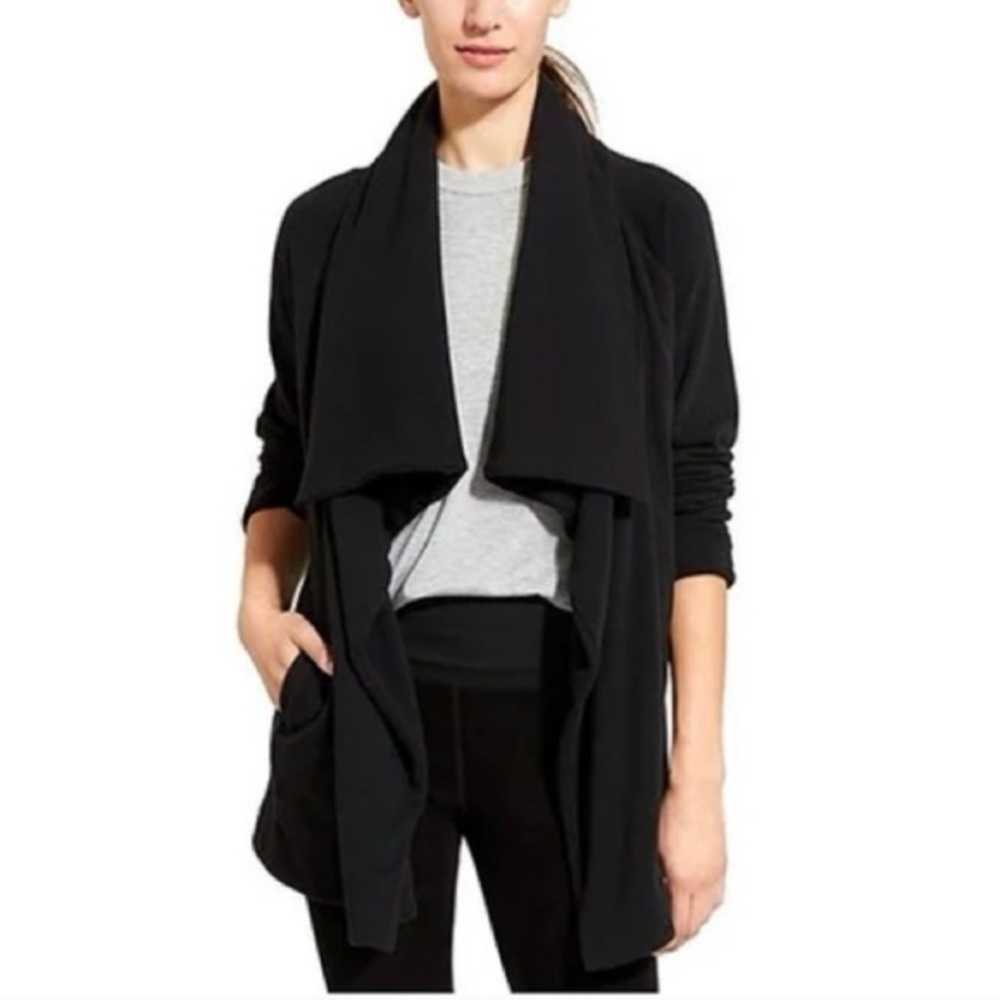 ATHLETA Knit‎ Open Front Waterfall Cardigan Sweater XL Black Wrap *READ